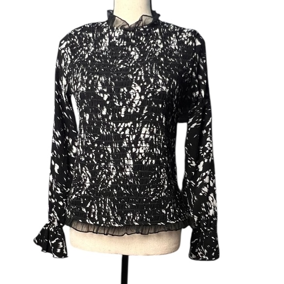 "B" Chick Tops - "B" Chick Smocked Long Sleeve Black White Lined Ruffled Sleeve Top XS New/Tag